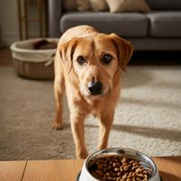 Ein glücklicher Hund, der mit Freude in eine Schüssel hochwertiges Hundefutter blickt – ein Moment der Vorfreude auf eine gesund